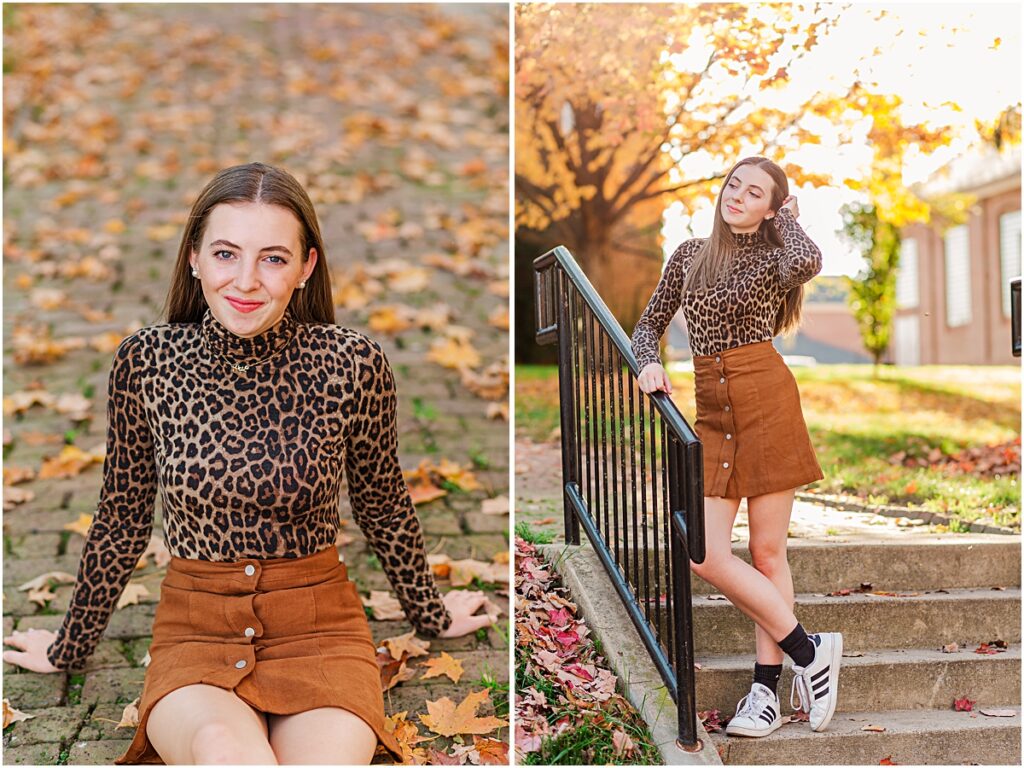 Collage of senior sitting on the ground and standing on steps during a fall day during Senior Pictures session in VA