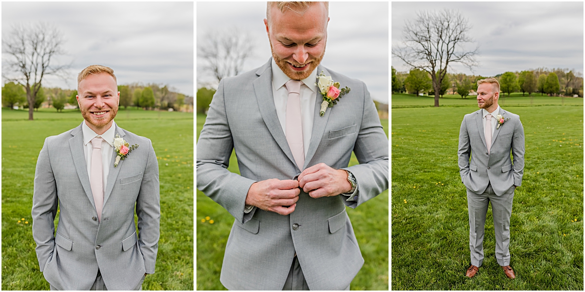 Collahge of Zach standing in a field during Weyers Cave VA Wedding