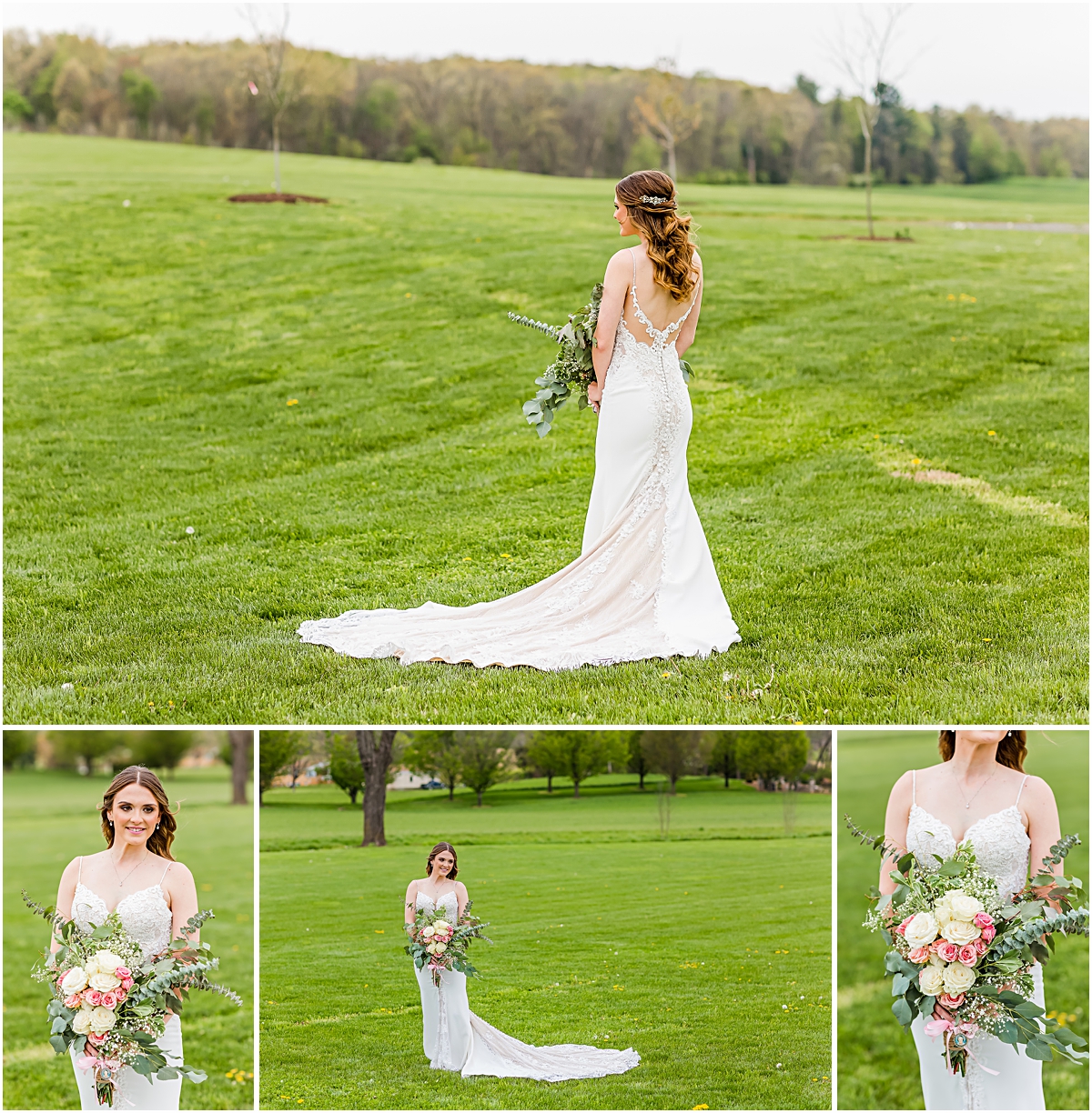 Collage of Ashleigh standing in a field in her wedding dress