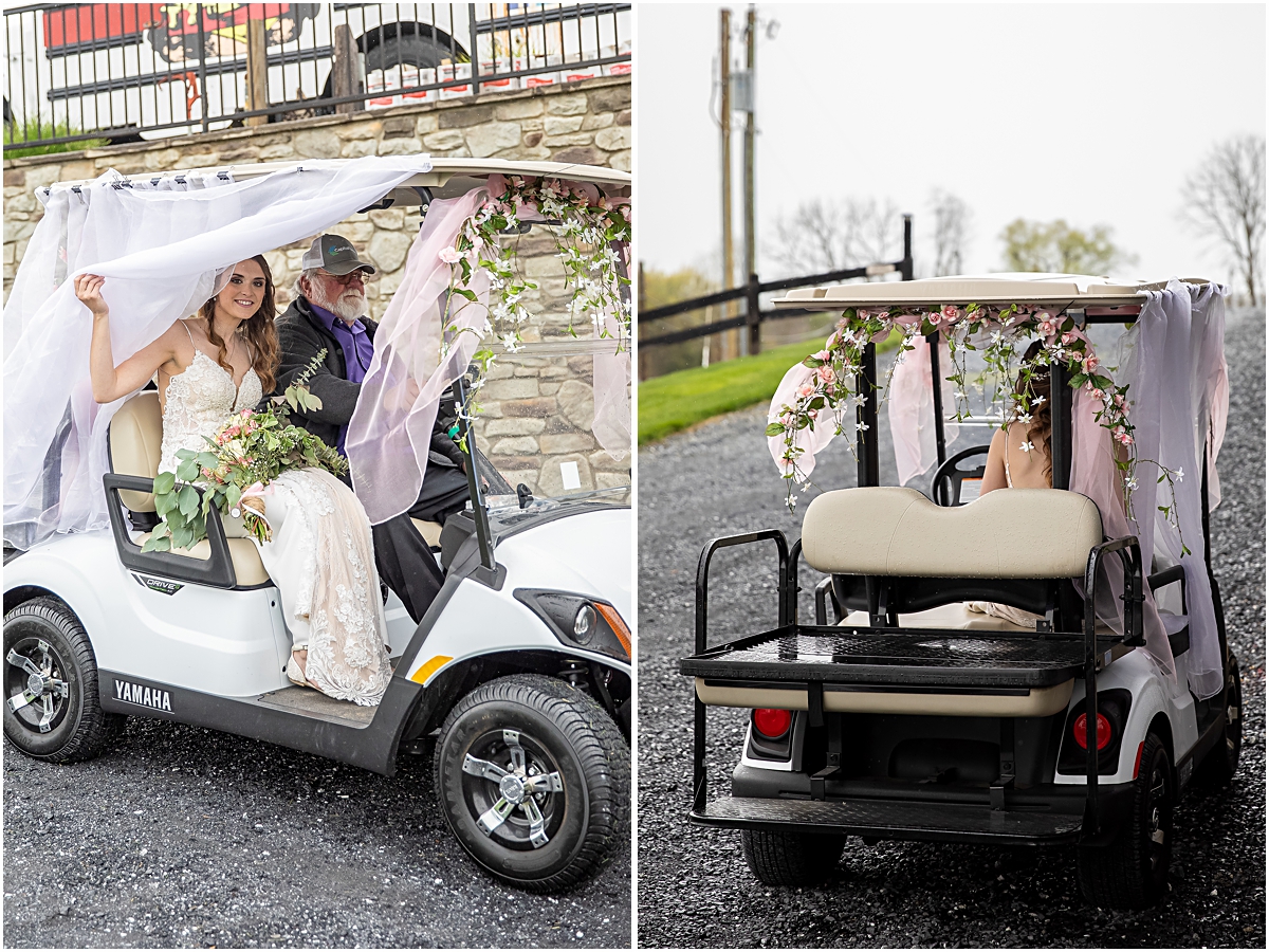 Ashleigh and Zach in a golf cart for Weyers Cave VA Wedding