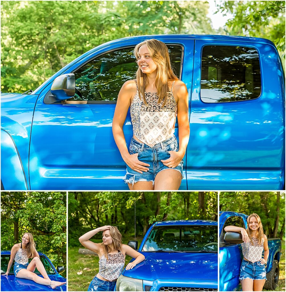 Collage of Brooke in front of her truck and posing with it  during Senior Photography session in Bridgewater VA