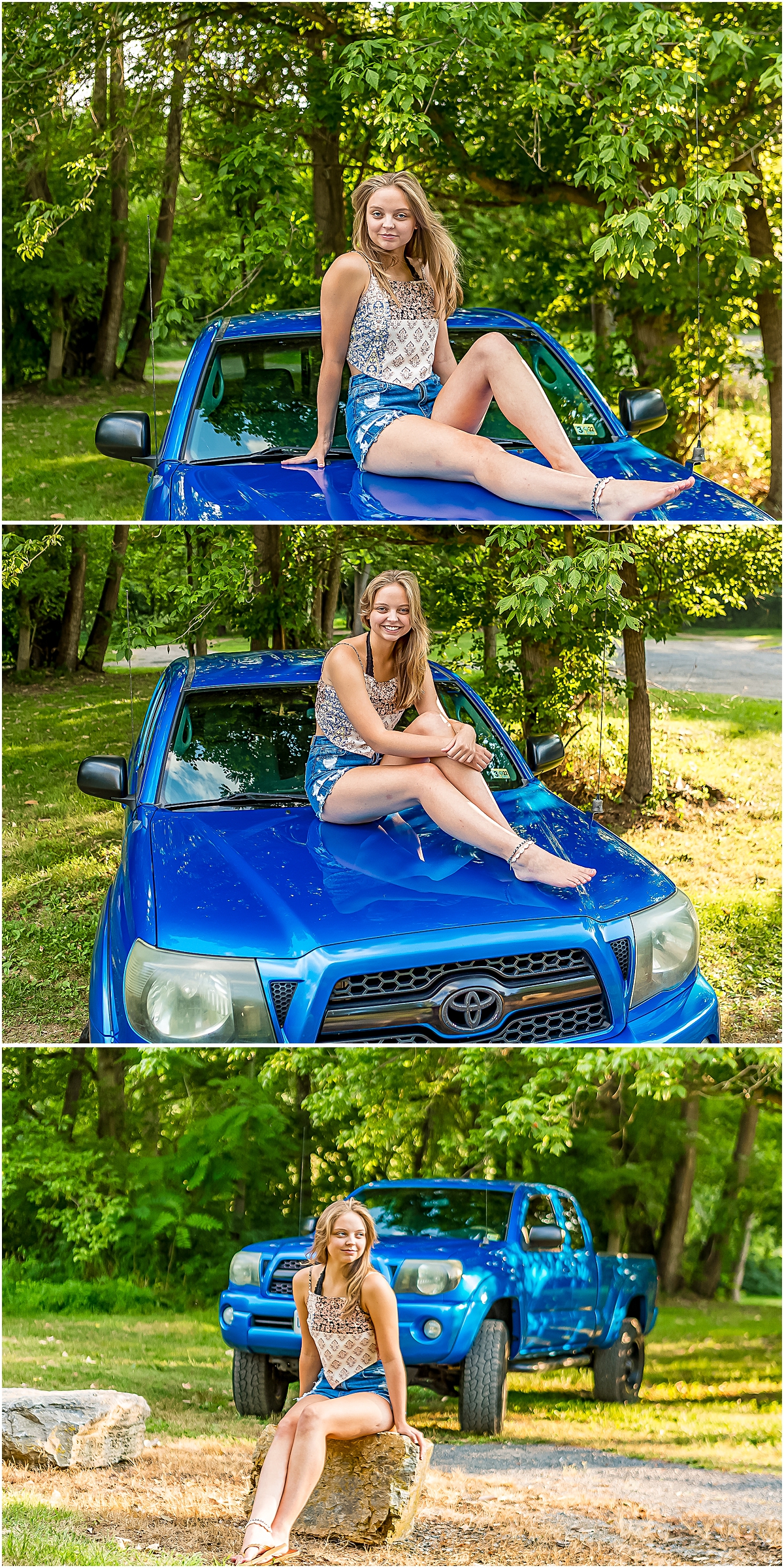 Series of Brooke on and in front of her Toyota truck