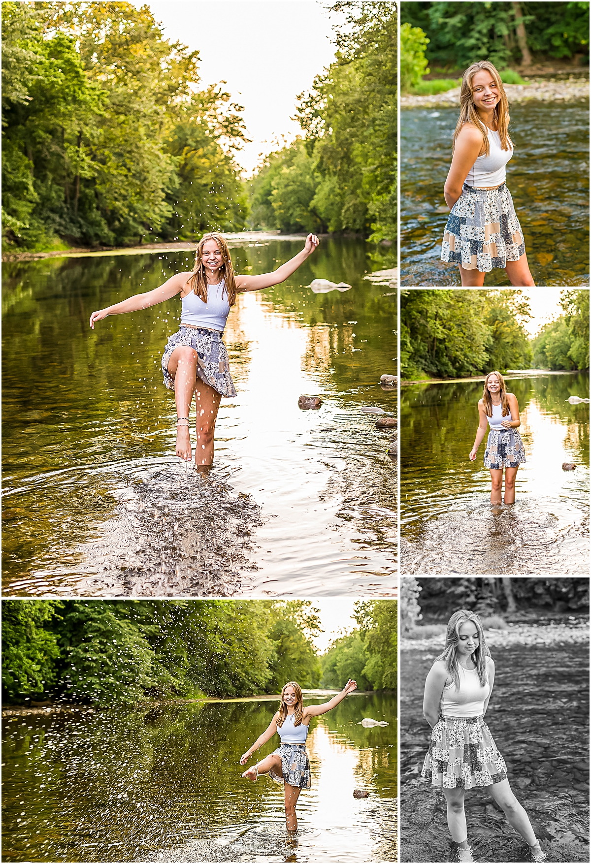 Brooke barefoot in a stream and kicking water  during Senior Photography session in Bridgewater VA
