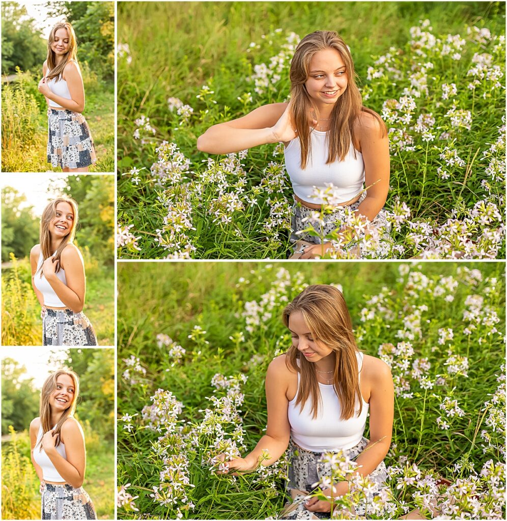 Collage of Brooke in a field of flowers  during Senior Photography session in Bridgewater VA