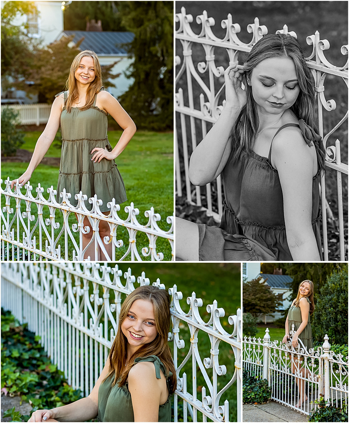 Brooke posing in front of a white iron fence  