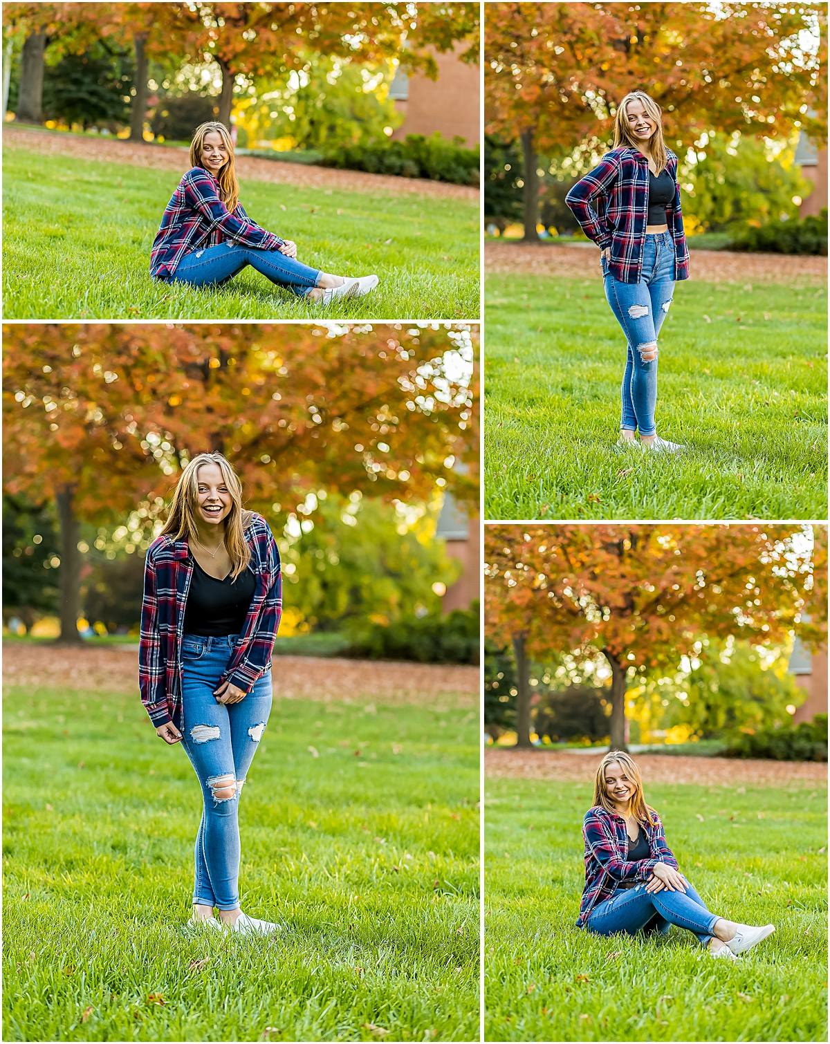 Collage of Brooke standing and sitting and posing in a field in front of a tree  during Senior Photography session in Bridgewater VA