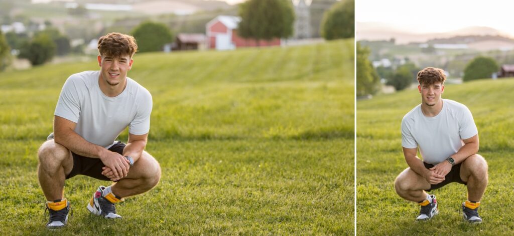 Collage of Sam posing crouched in a field during his rainy senior photoshoot