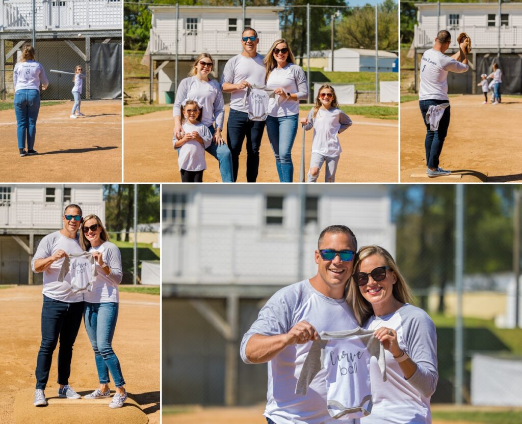 Collage of the Loans playing baseball and posing together to anncounce their newest addition to the family. Captured by a maternity photographer in Virginia