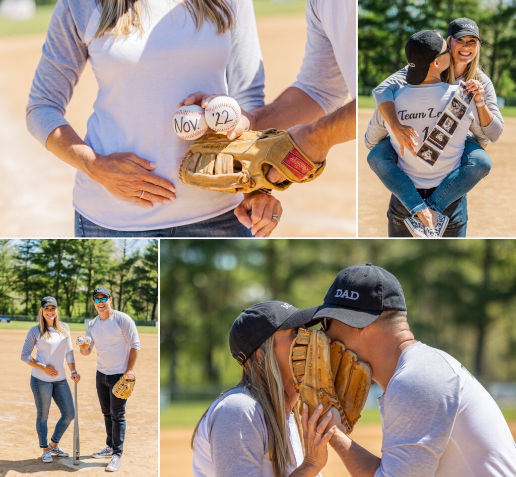 Collage of the date of the new baby's arrival and of Corri holding the sonogram photos and kissing her husband, captured by a maternity photographer in Virginia