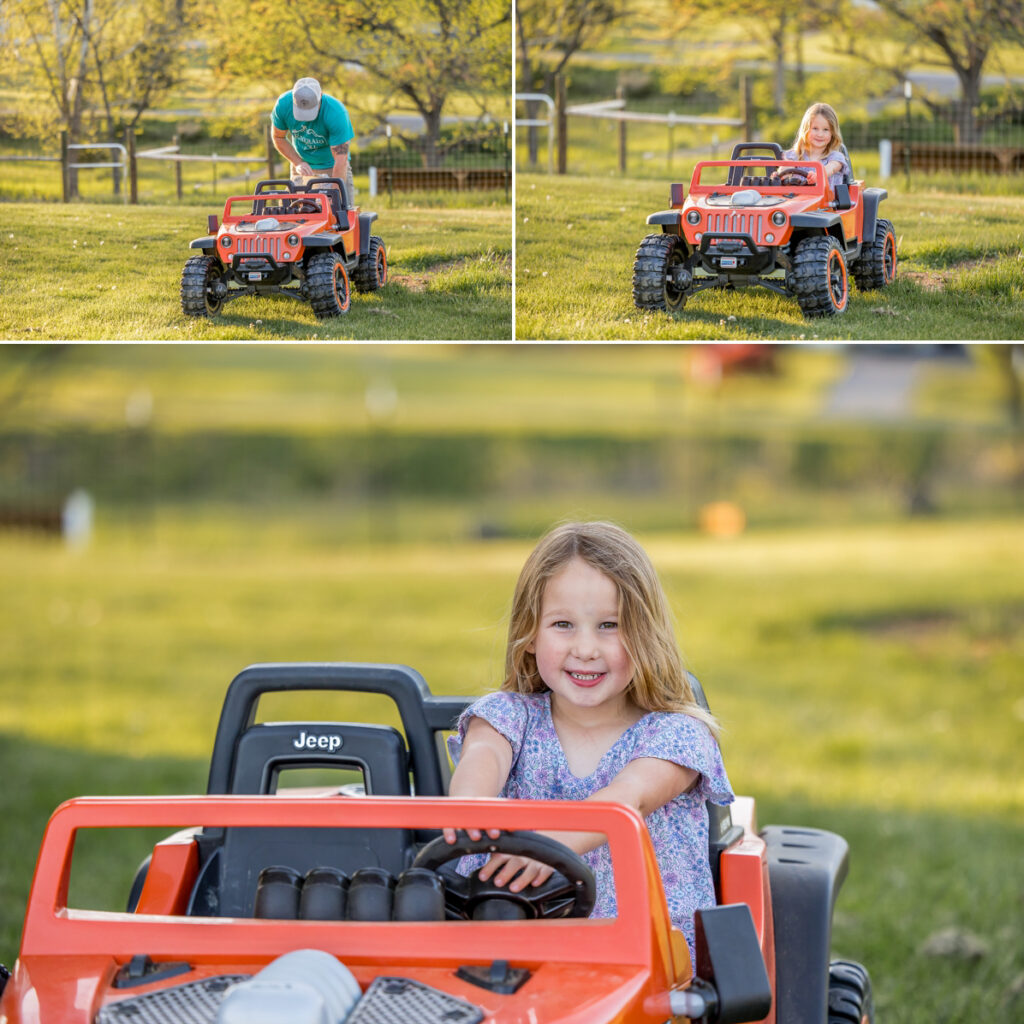 One of the Rosson girls driving around in a motorized jeep during a farm family session