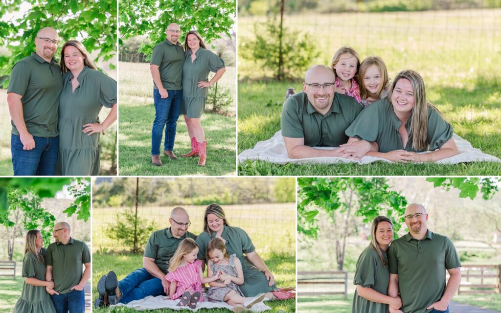Collage of the Rosson's posing together as a family and just Jenny and Cody together during their farm family session 