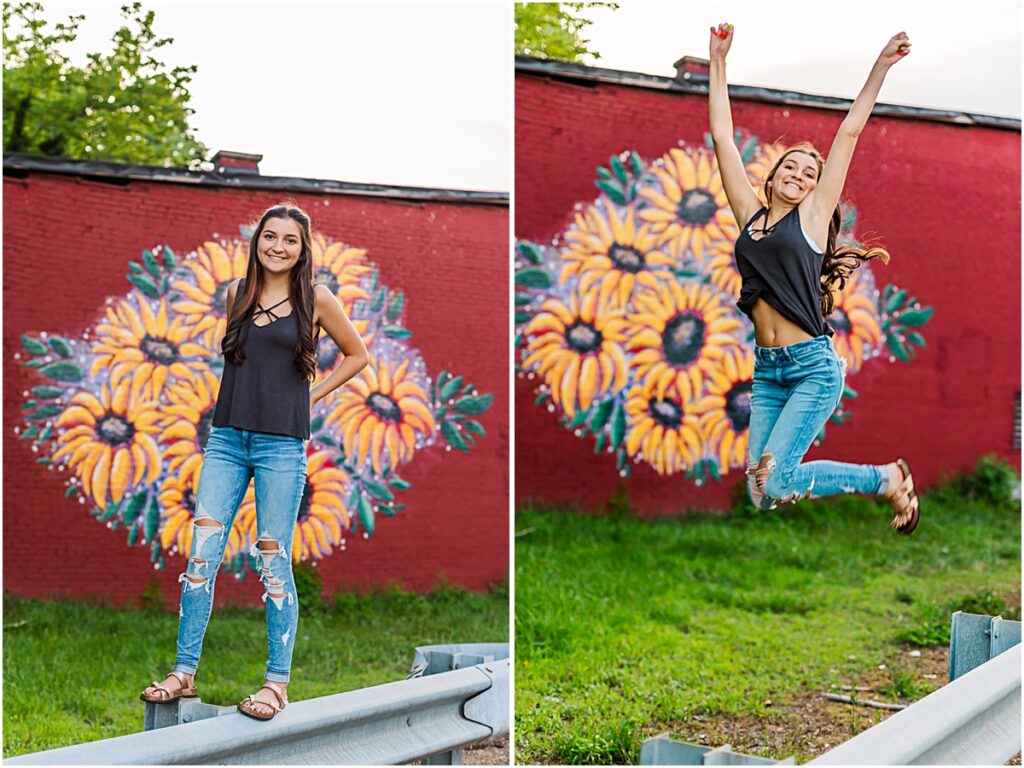 Collage of a graduate following some senior photography tips and being herself by jumping excitedly in one of the photos. 