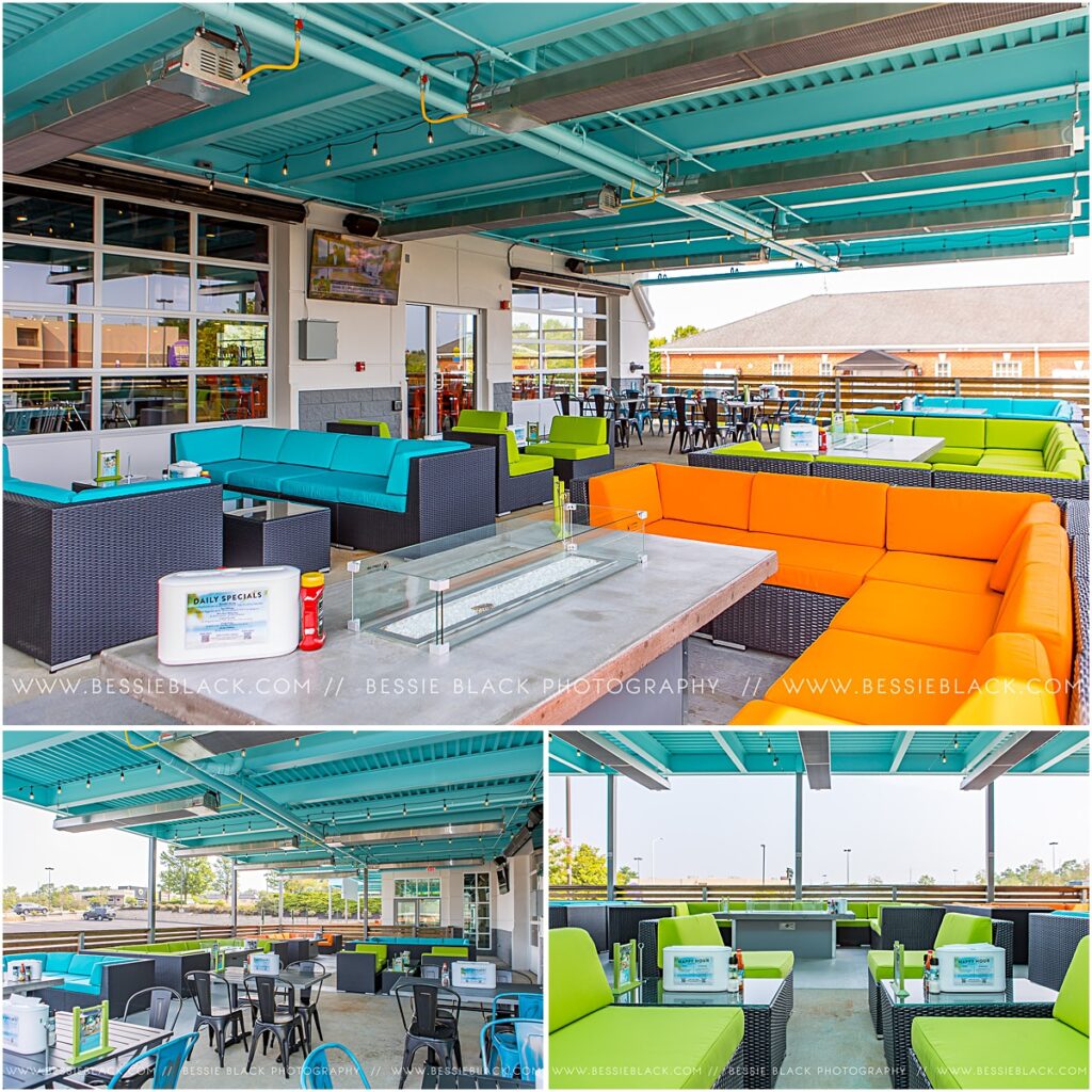 Collage of the exterior patio and eating area of the Island Wing Company in Harrisonburg.