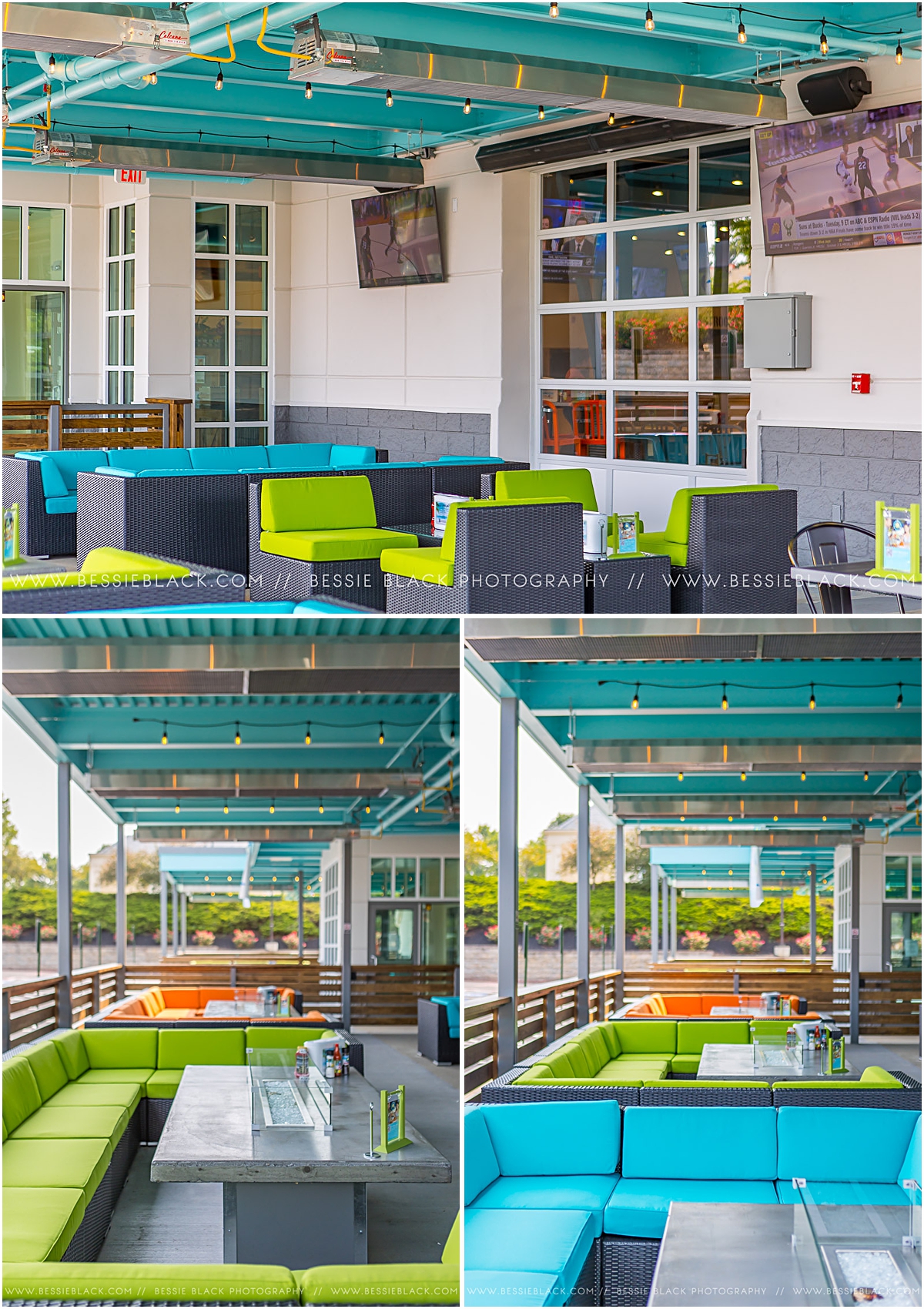 The restaurant's comfortable seating on display on the outdoor patio in splashes of blue and green cushioned booths. 