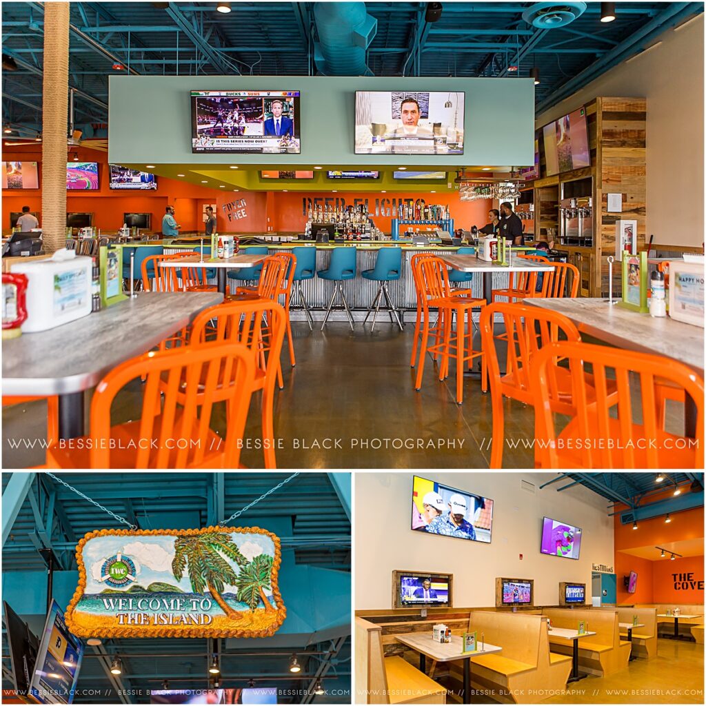 Collage of the orange barstools and décor that the Island Wing Company in Harrisonburg has to offer.