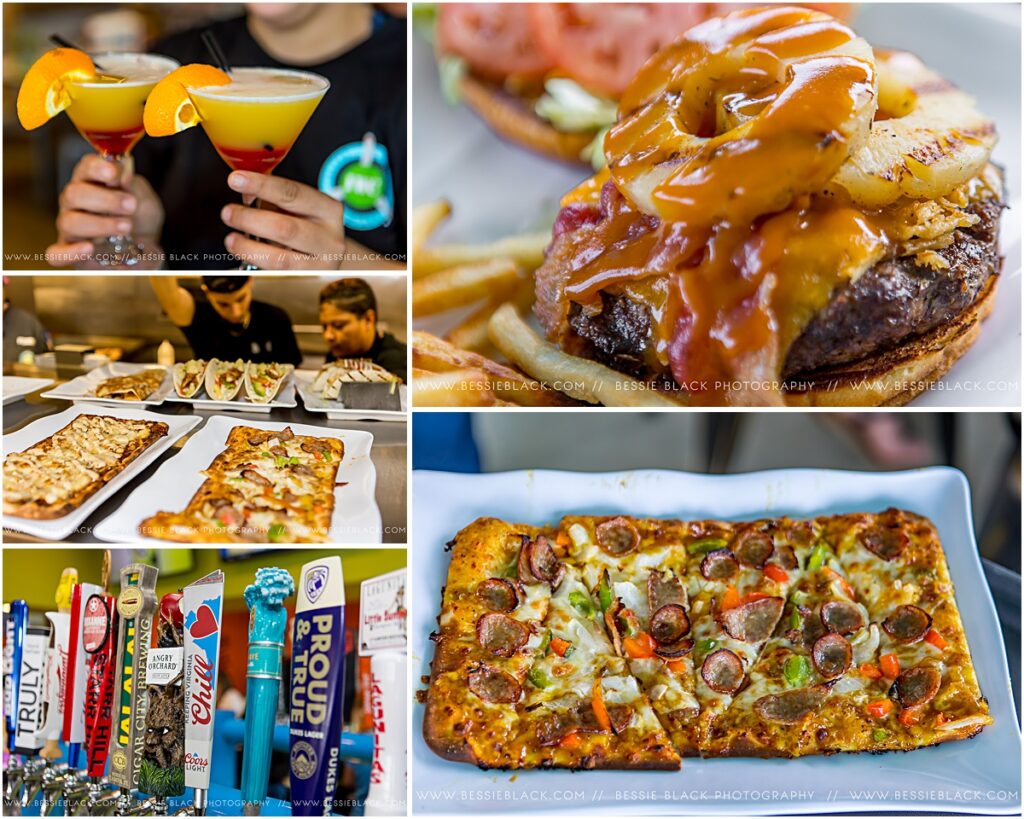 Collage of a burger, a flatbread pizza and some of the drink offerings at the Island Wing Company in Harrisonburg.