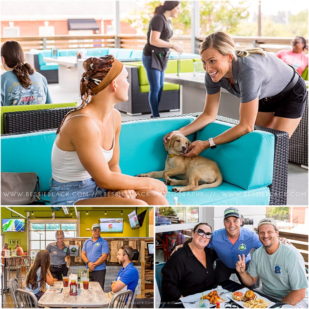 Pups enjoying the dog-friendly outdoor patio while their owners eat and socialize.