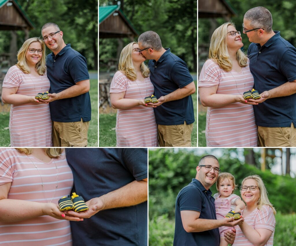 Hillary and Brian celebrating their daughter and posing with her, photos taken by a Virginia family photographer