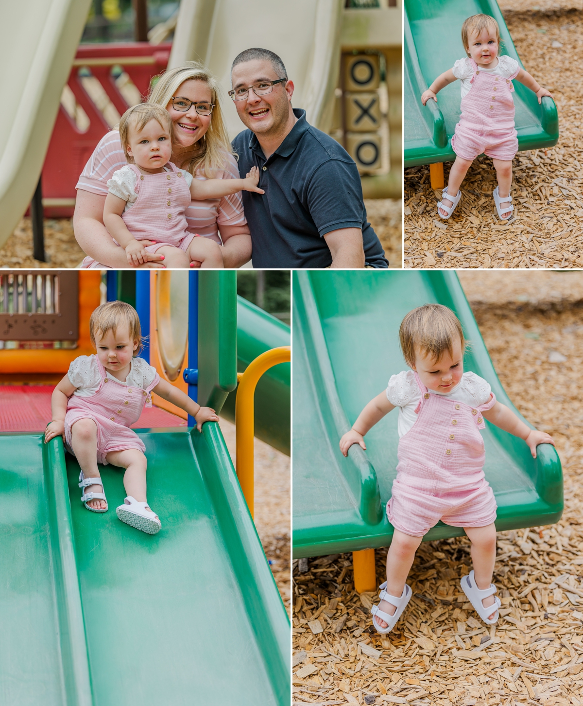 Collage of the Buckless family playing with Abigail on the slide and posing for a picture