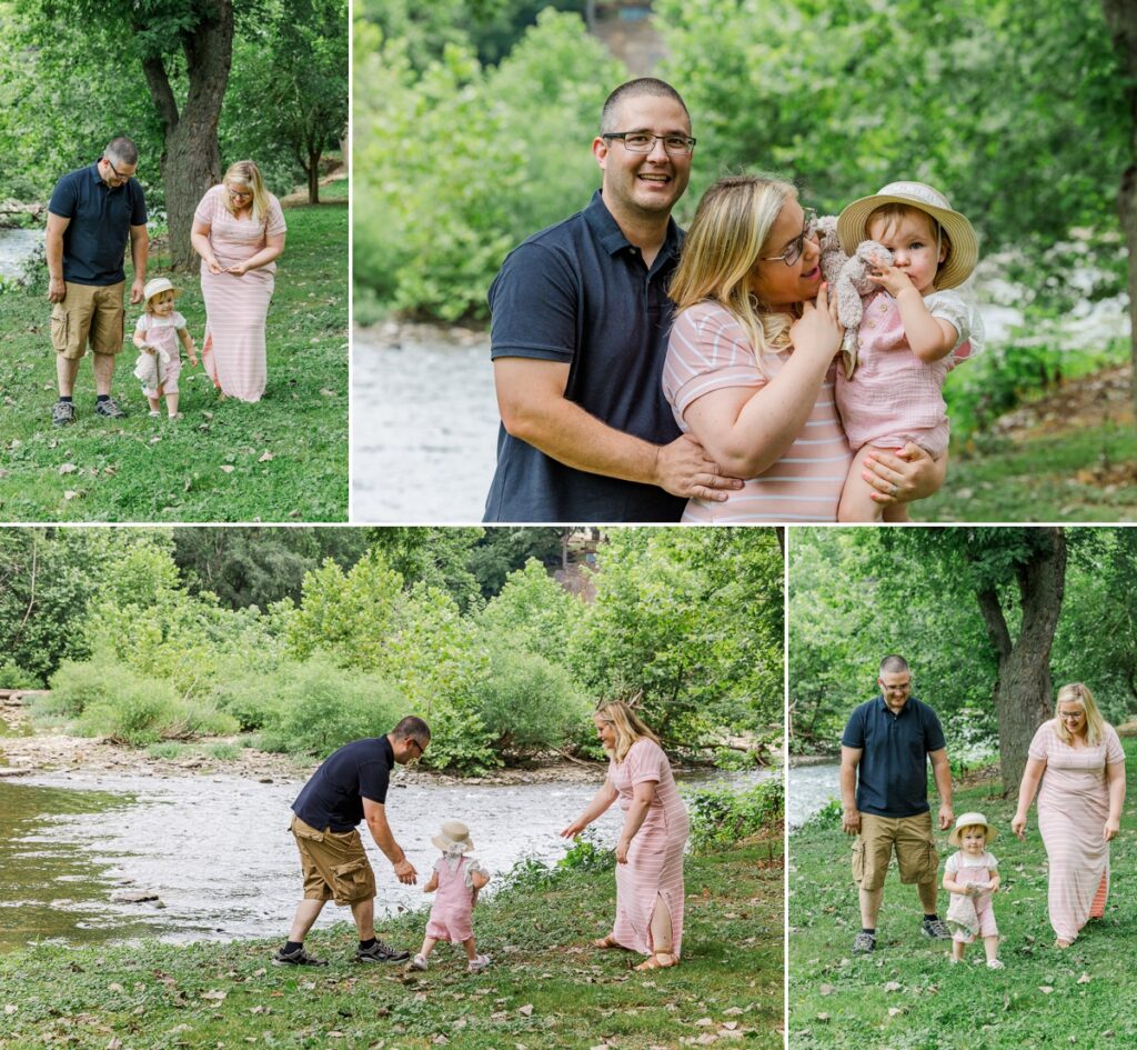 Collage of the Buckless family playing with Abigail by the creek, photos taken by a Virginia family photographer