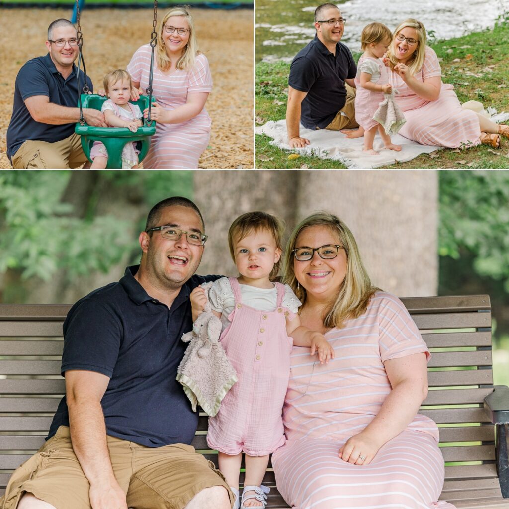 Collage of Abigail and her parents sitting on a blanket in the grass and on a swing and bench, photos taken by a Virginia family photographer
