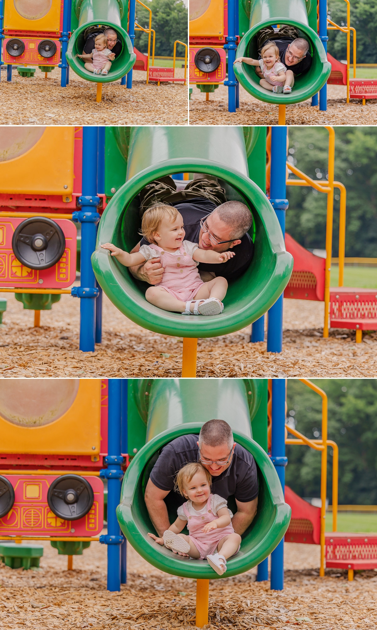 Abigail and her dad on the slide together, photos taken by a Virginia family photographer
