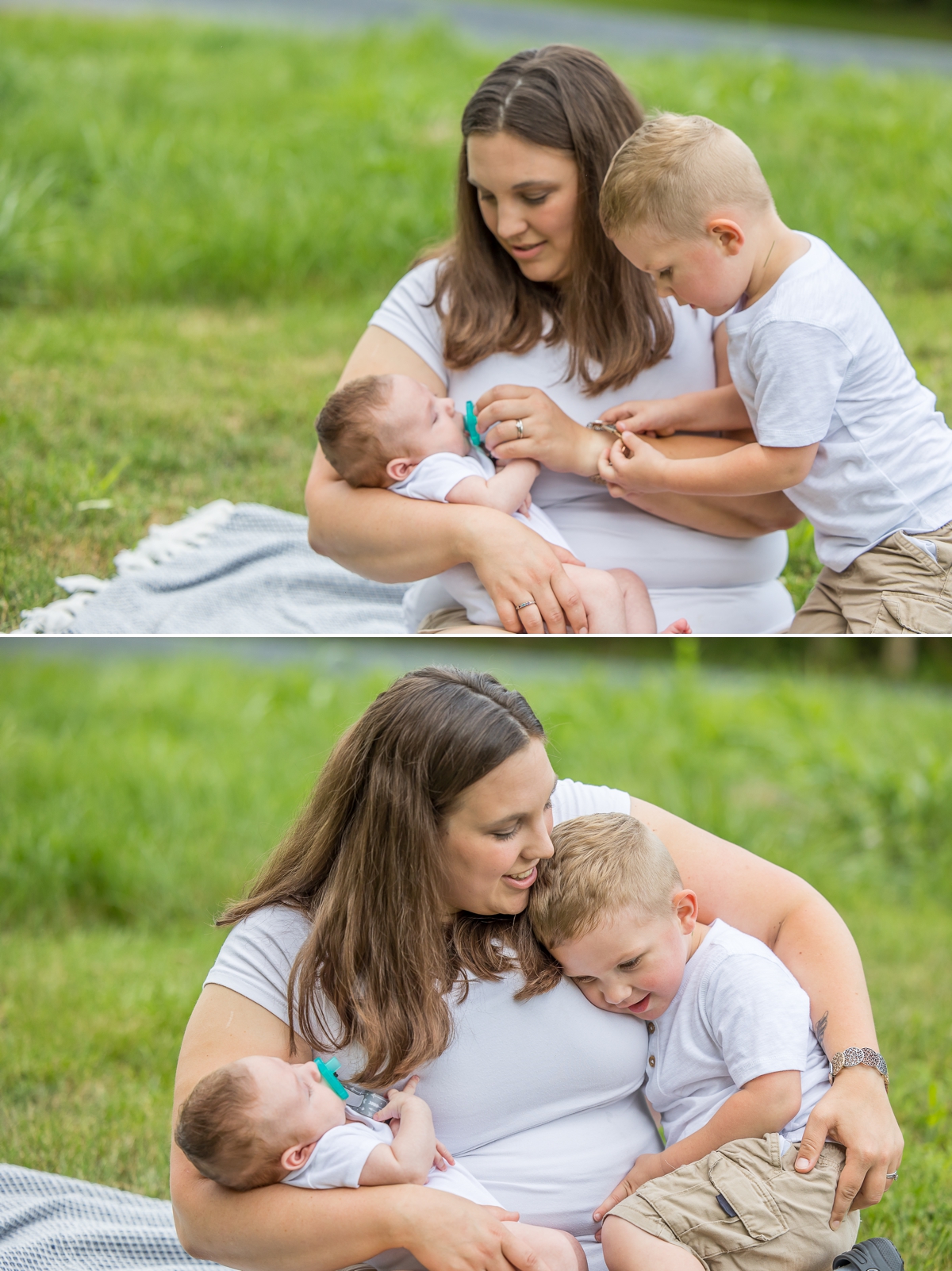 Regina with her two sons on a blanket, trying to calm Waylon down while Levi helps during a Northern Virginia newborn photography session.