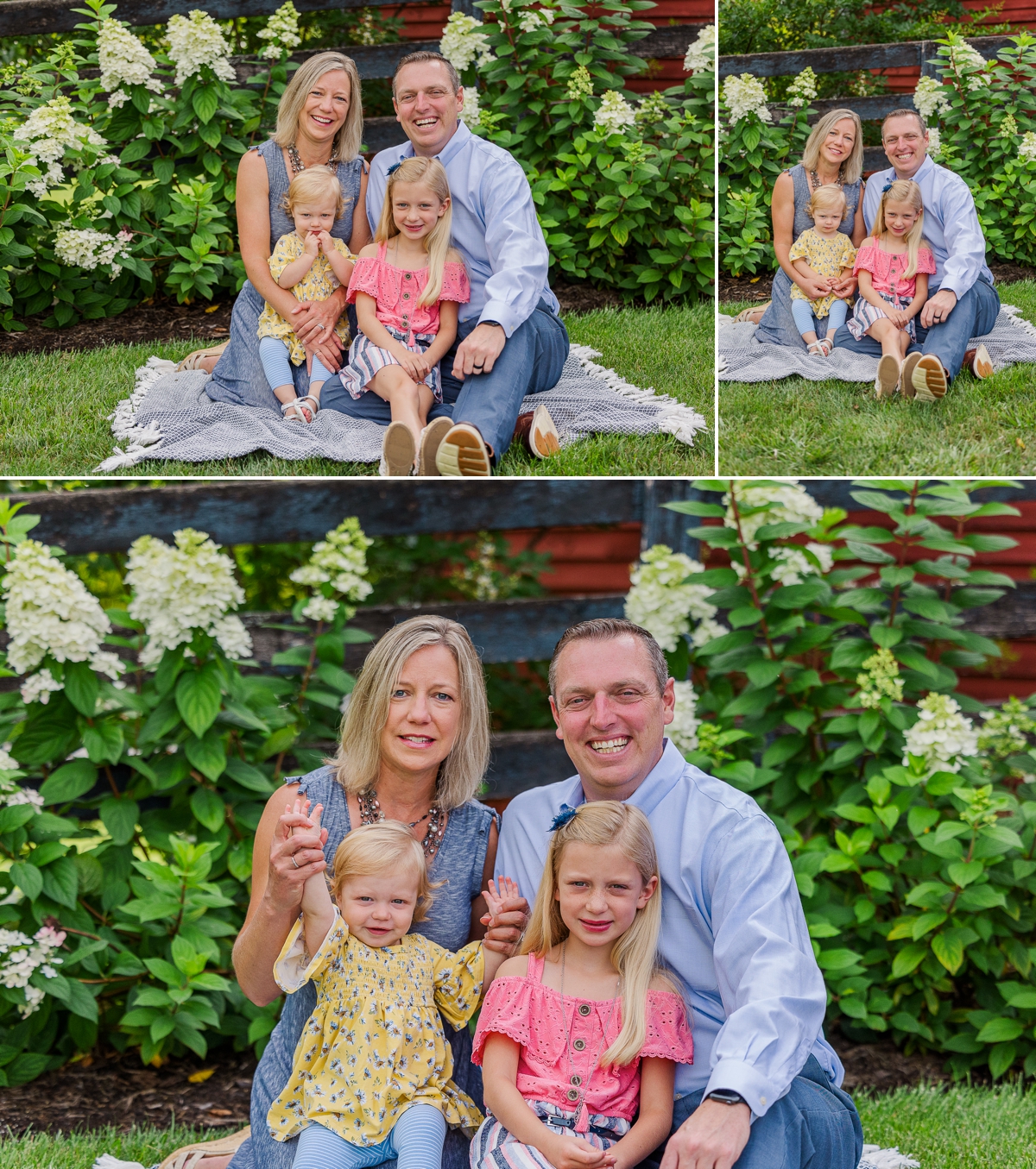 The Somma family sitting for photos in front of some flowering bushes; taken by photographers in Waynesboro VA