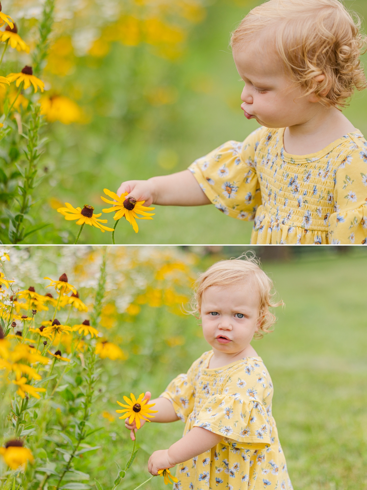 Lilah pondering a flower and looking confused at the camera