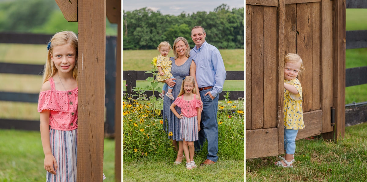 Tessa posing by a wooden post, and Lilah hiding playfully behind a wooden gate with a photo of the whole family together by a fence at the center; taken by photographers in Waynesboro VA