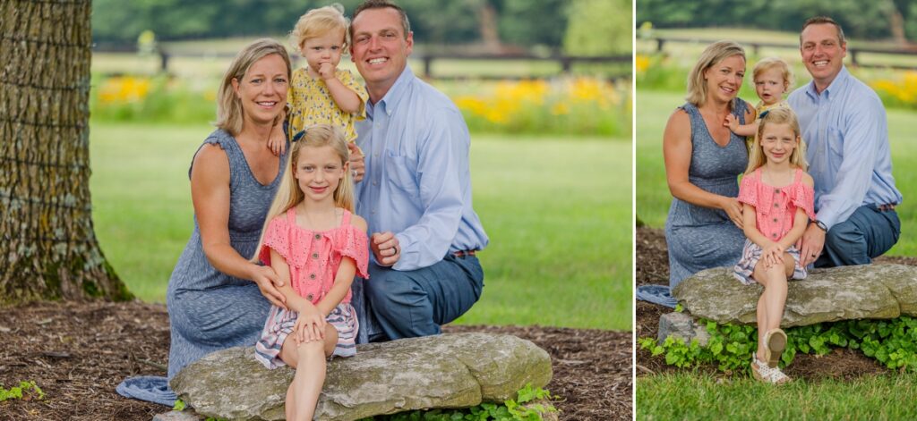 The whole family posed on a flat rock by a tree; taken by photographers in Waynesboro VA