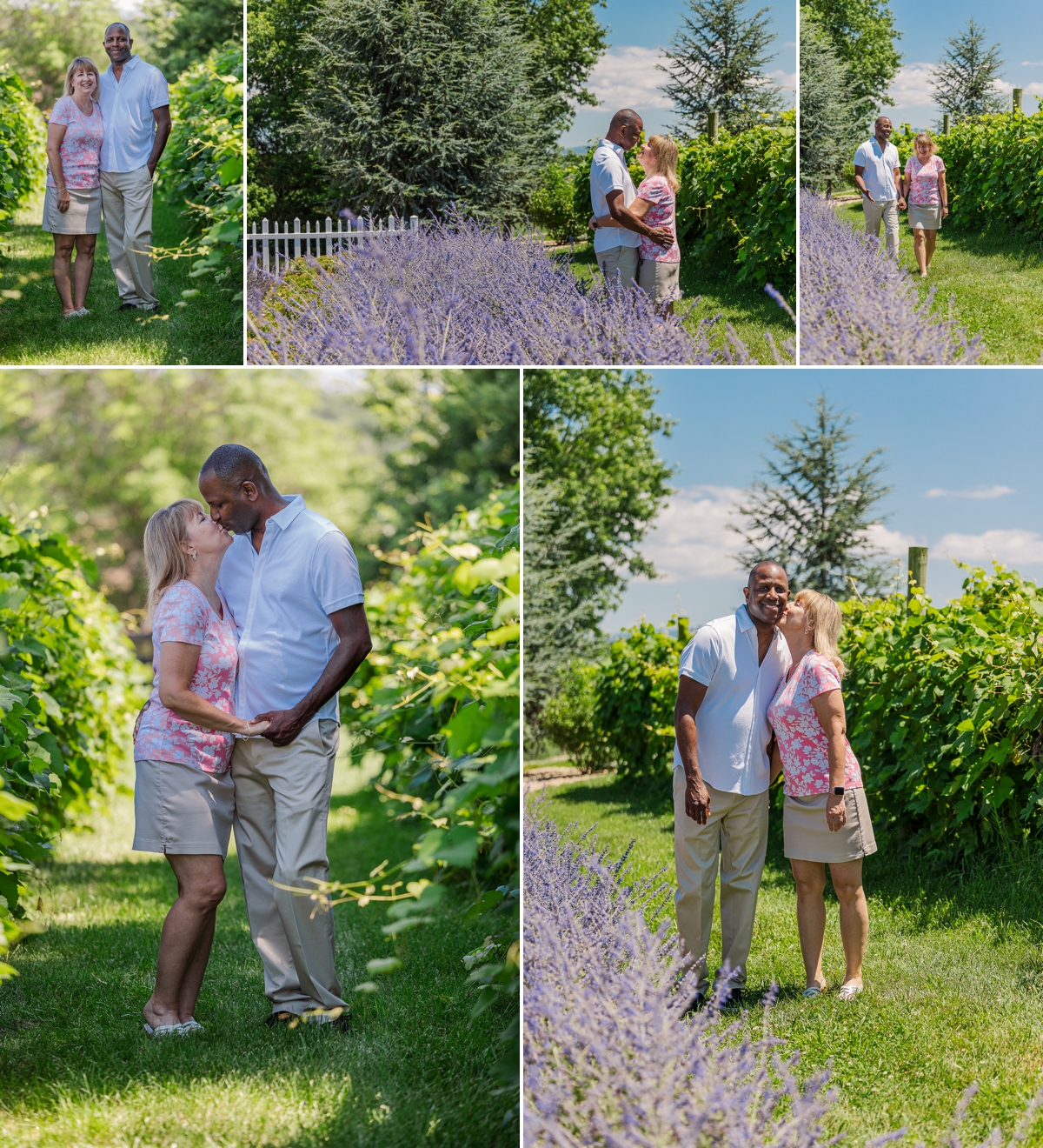 Antonio and Peggy walking through the lavender patches and being close together, hugging and kissing; captured by their engagement photographer