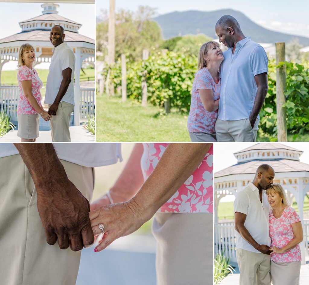 Antonio and Peggy holding hands and showing off the engagement ring and just being close to one another; captured by their engagement photographer