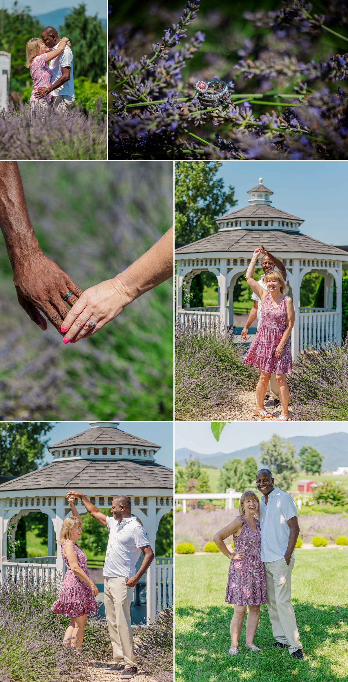 Close up of the rings on the couples' hands and on the lavender while the couple dances together among the flowers; captured by their engagement photographer