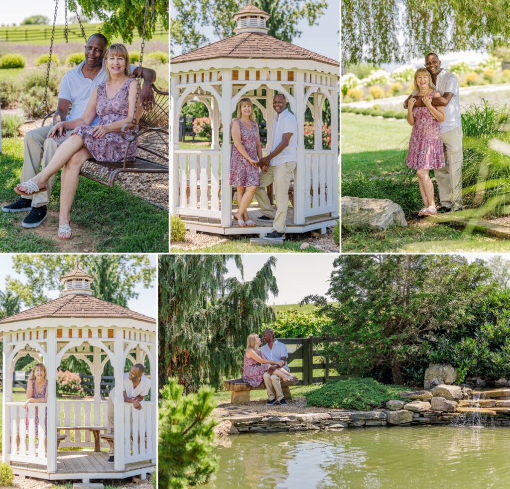 Antonio and Peggy posing in the gazebo in which they will soon be married and by the pond