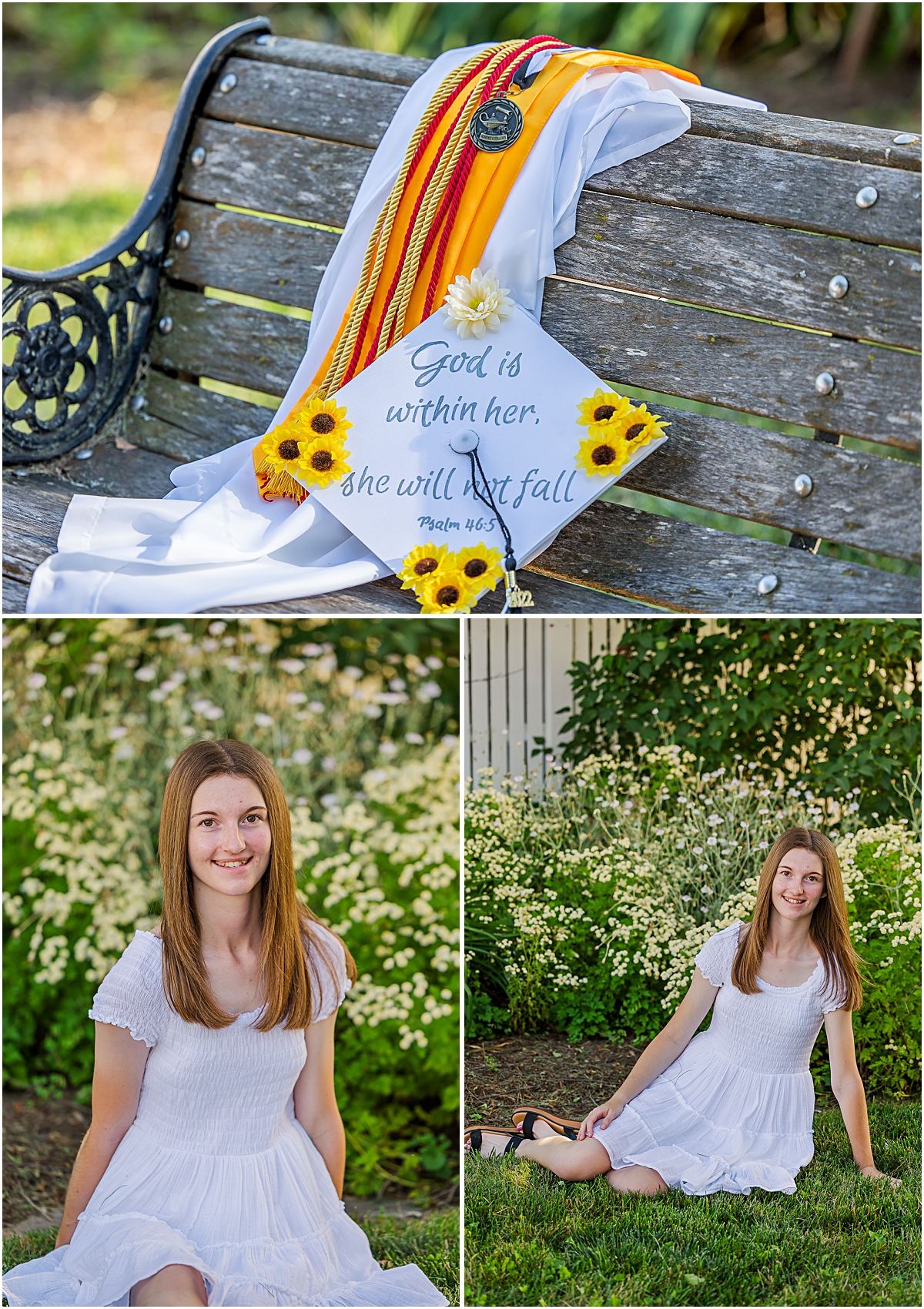 Jerica posing in a white dress among some flowers and a close up of her cap and gown