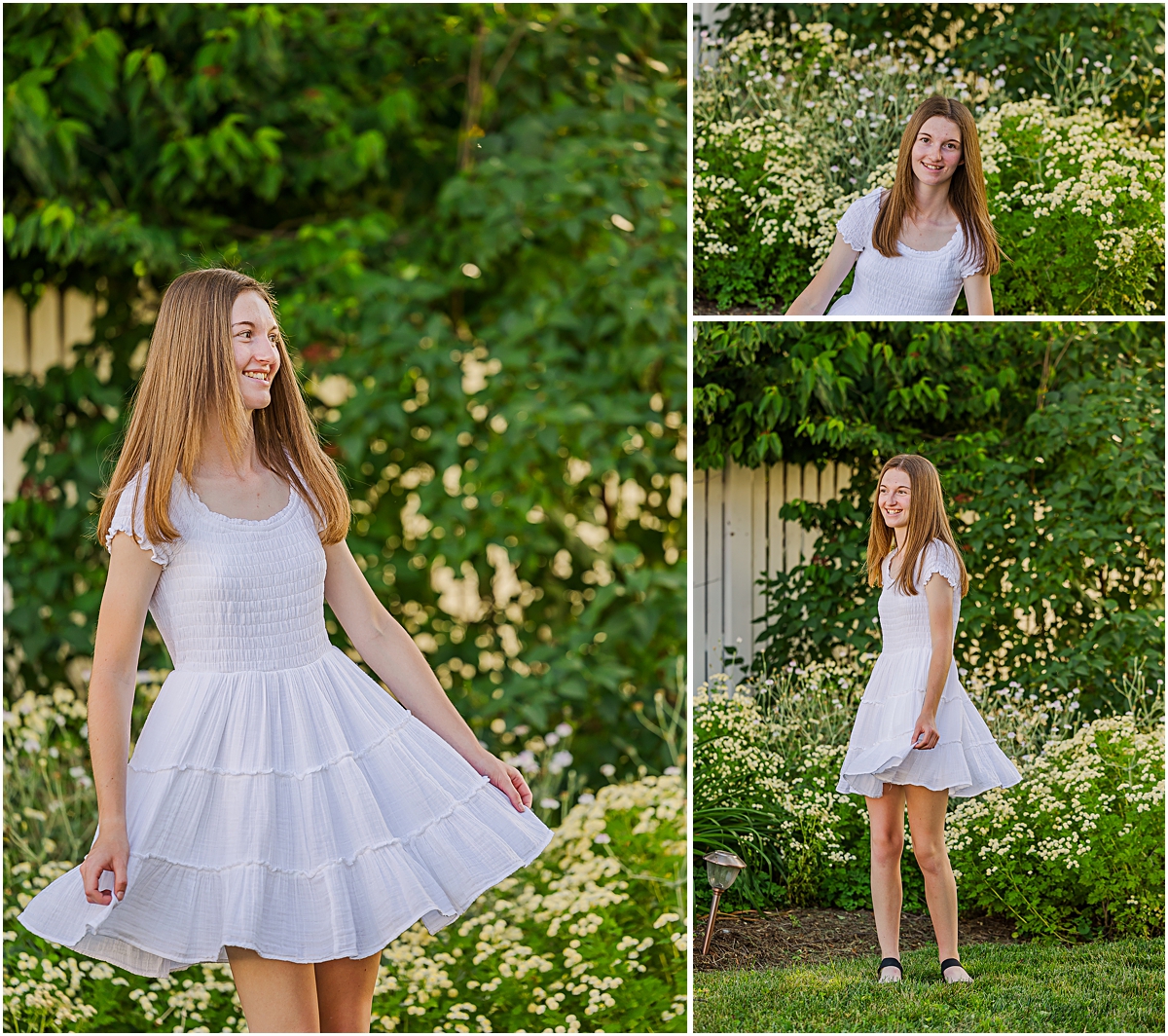 Jerica in a garden posing in her white dress;  photos done by a Virginia senior photographer