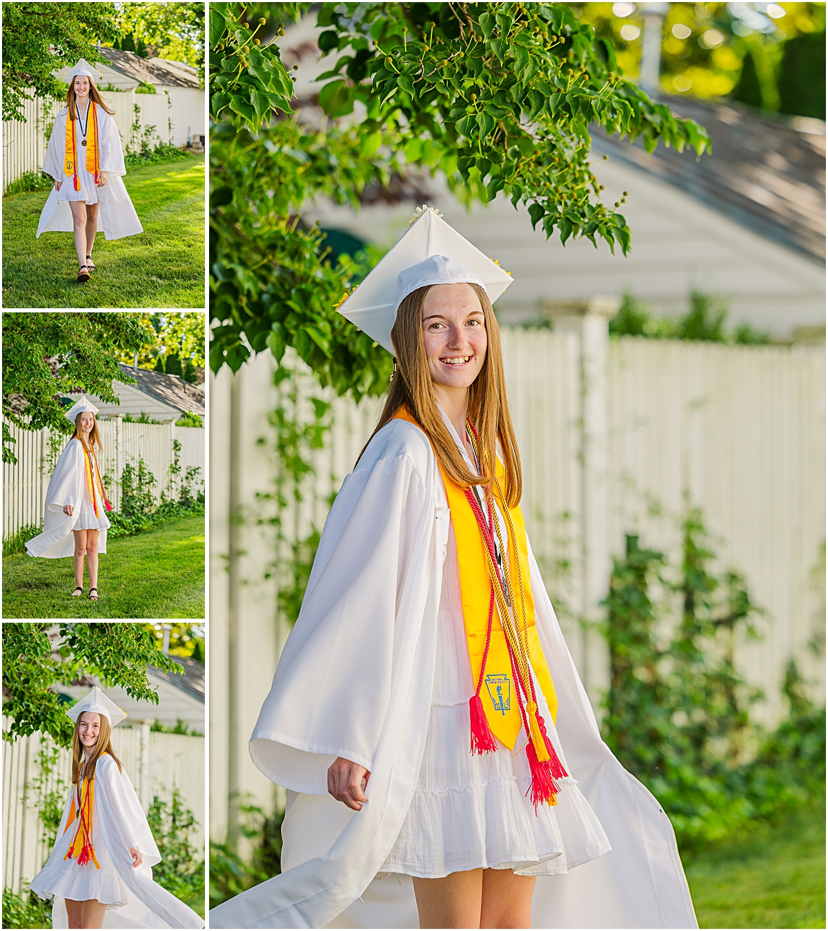 Jerica posing in her graduation dress by a white fence;  photos done by a Virginia senior photographer
