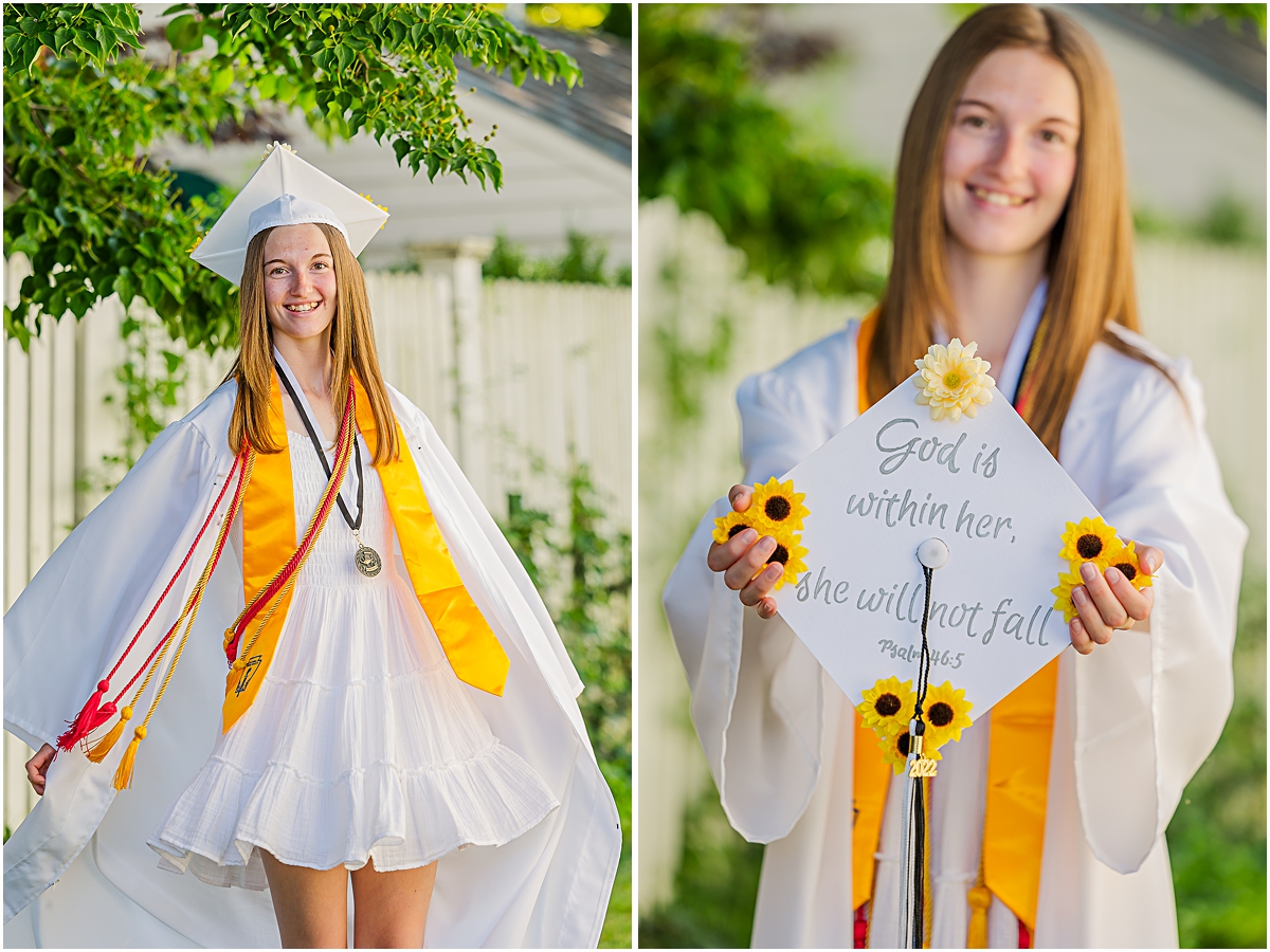 Jerica posing in a white dress with her graduation cap and gown;  photos done by a Virginia senior photographer