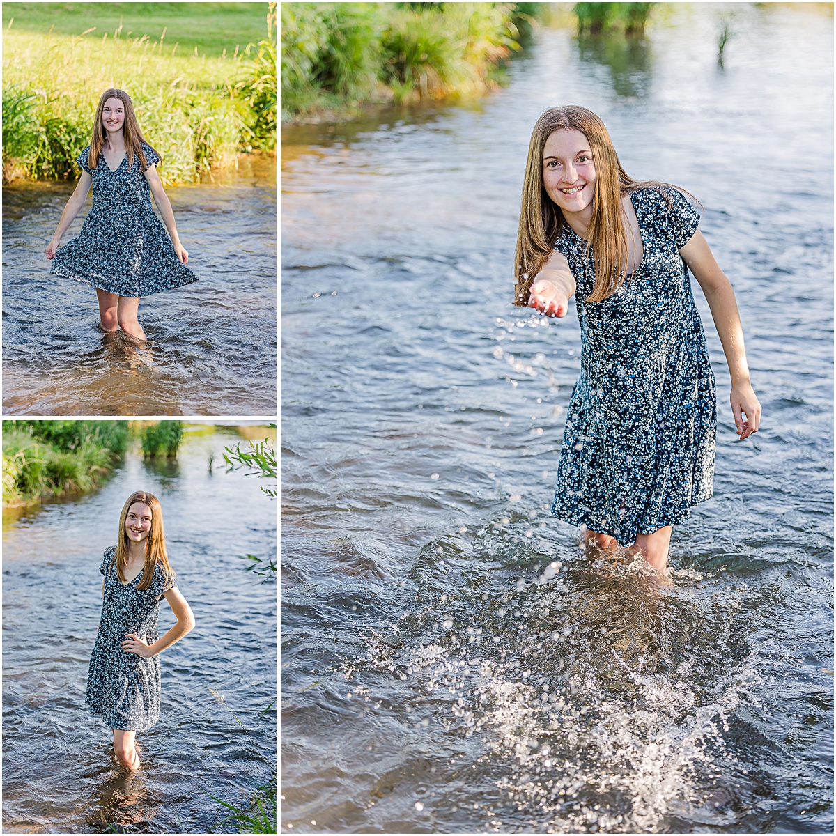 Jerica wading in a river in her blue dress and splashing the camera;  photos done by a Virginia senior photographer 