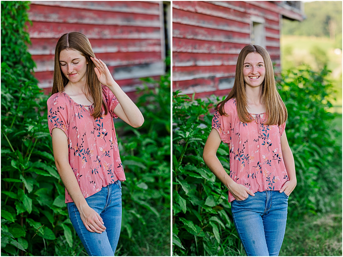 Jerica posing by an old barn in her casual clothes;  photos done by a Virginia senior photographer