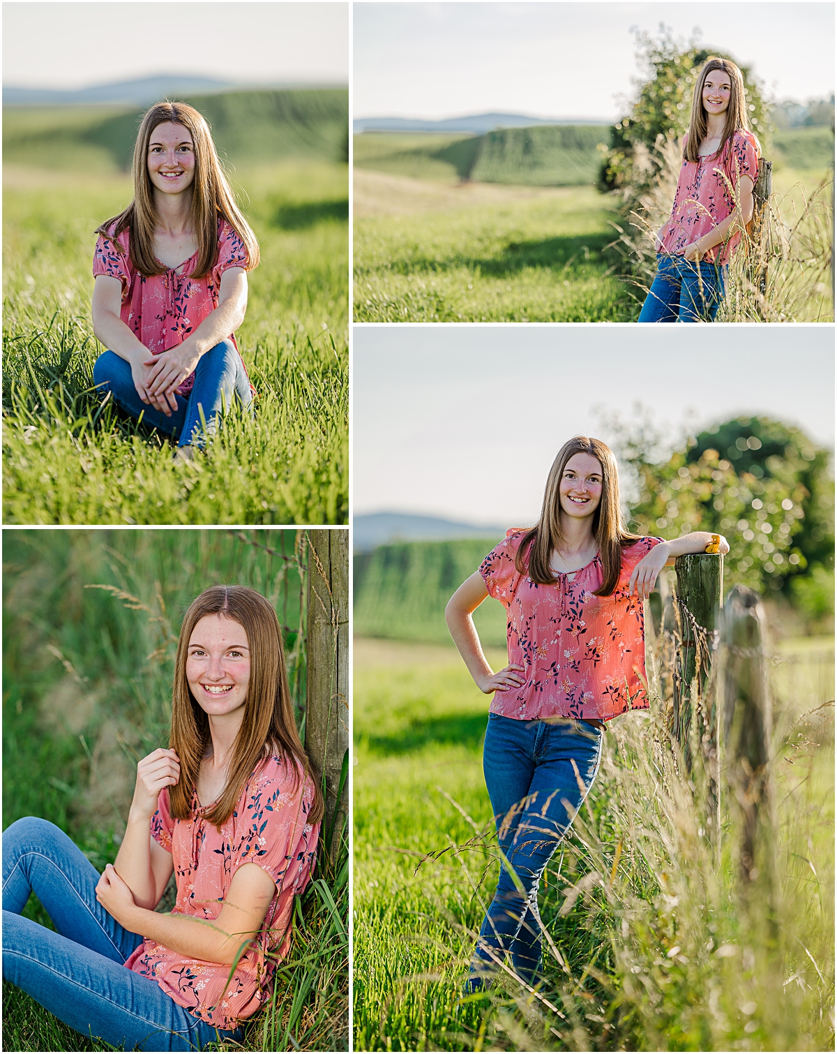 Jerica posing against an old fence post with the mountains in the background;  photos done by a Virginia senior photographer