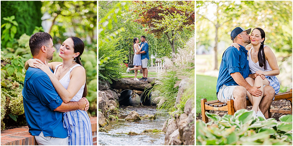 Mary and Daniel on a bench, by a stream, and against a low brick wall in each others' arms. Engagement photography done in Virginia